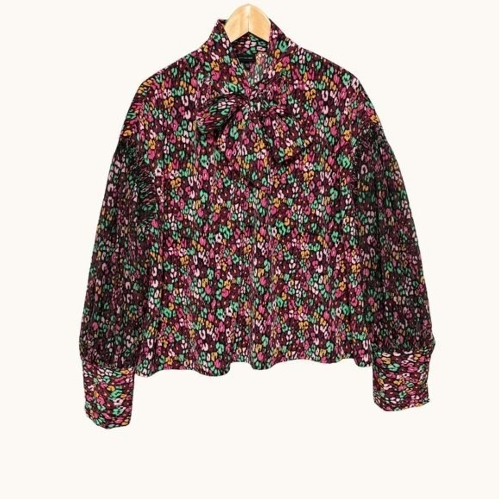 Who What Wear Womens Tie Neck Balloon Sleeve Top XXL Green Pink Abstract Floral